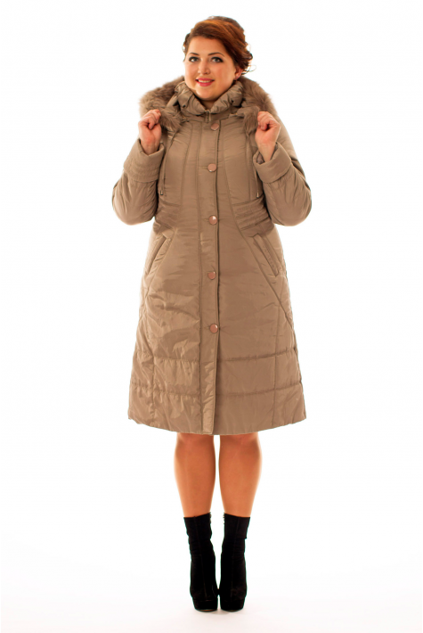 Женское пальто из текстиля с капюшоном, отделка песец 8010643