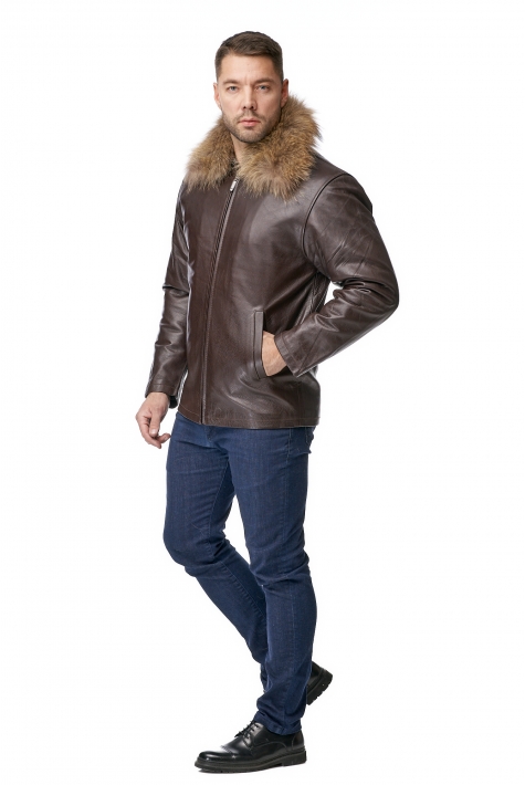 Мужская кожаная куртка из натуральной кожи с воротником, отделка енот 8010884