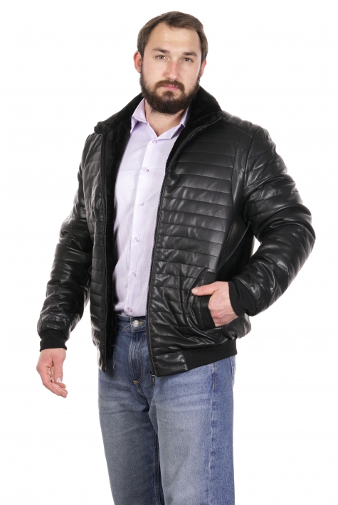 Мужская кожаная куртка из эко-кожи с воротником, отделка искусственный мех 8022590