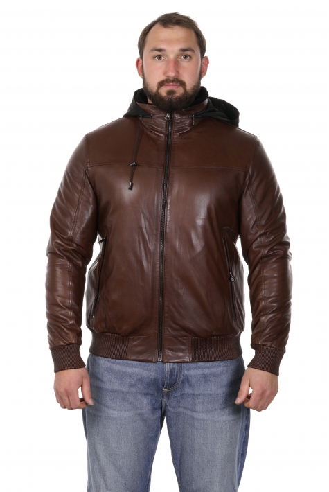 Мужская кожаная куртка из натуральной кожи на меху с капюшоном 8022688