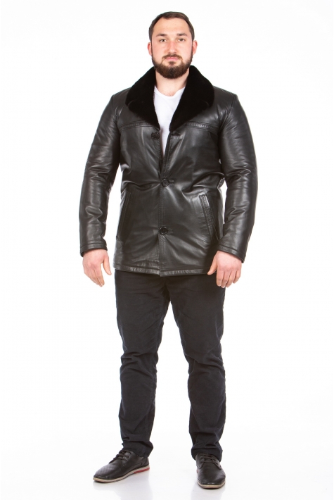 Мужская кожаная куртка из натуральной кожи на меху с воротником, отделка норка 8023633