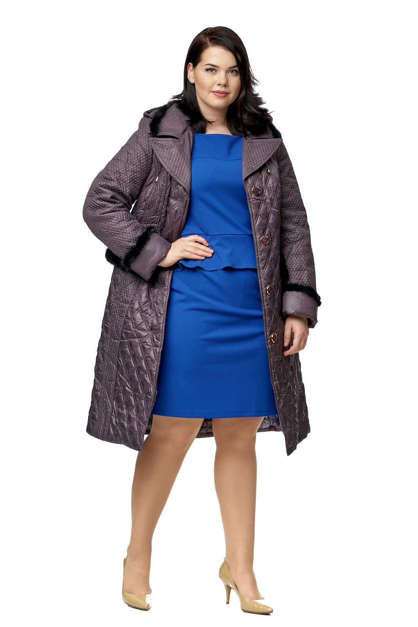 Женское пальто из текстиля с капюшоном, отделка норка 8010030-2