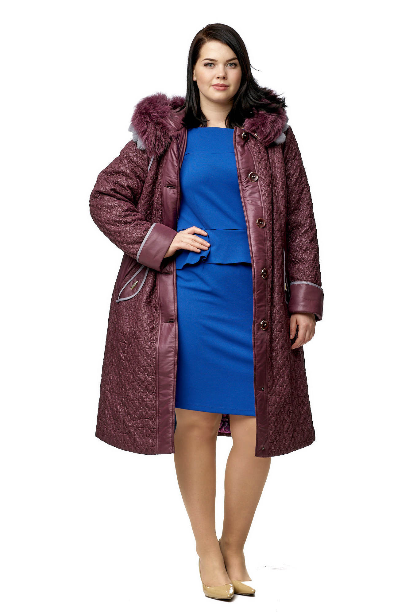 Женское пальто из текстиля с капюшоном, отделка песец 8010078-2