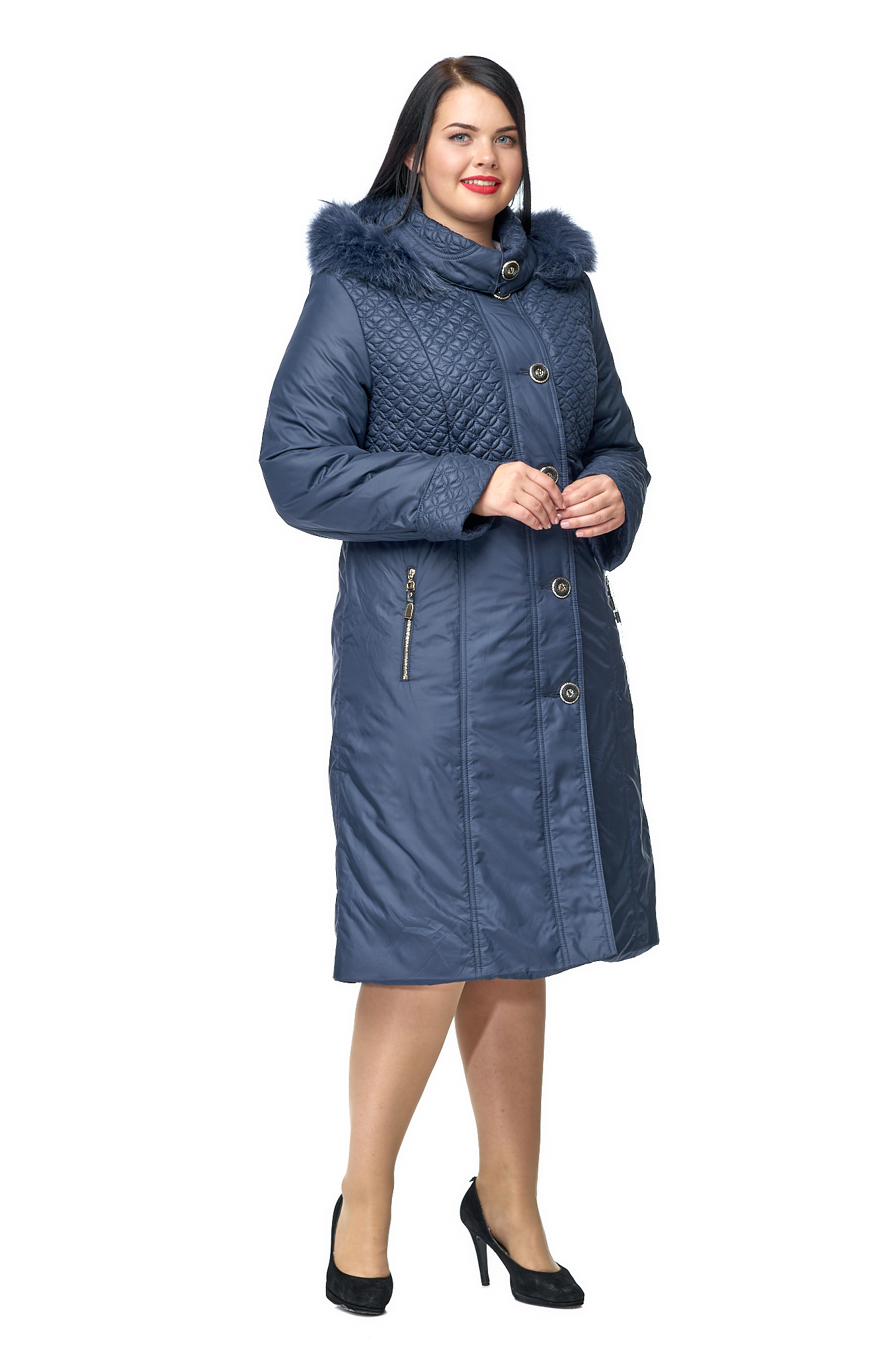 Женское пальто из текстиля с капюшоном, отделка песец 8010106-2