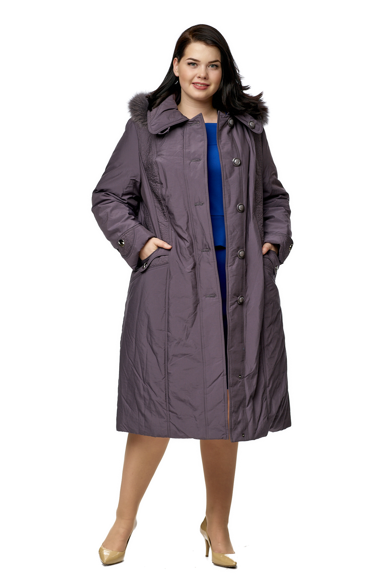 Женское пальто из текстиля с капюшоном, отделка песец 8010114-2