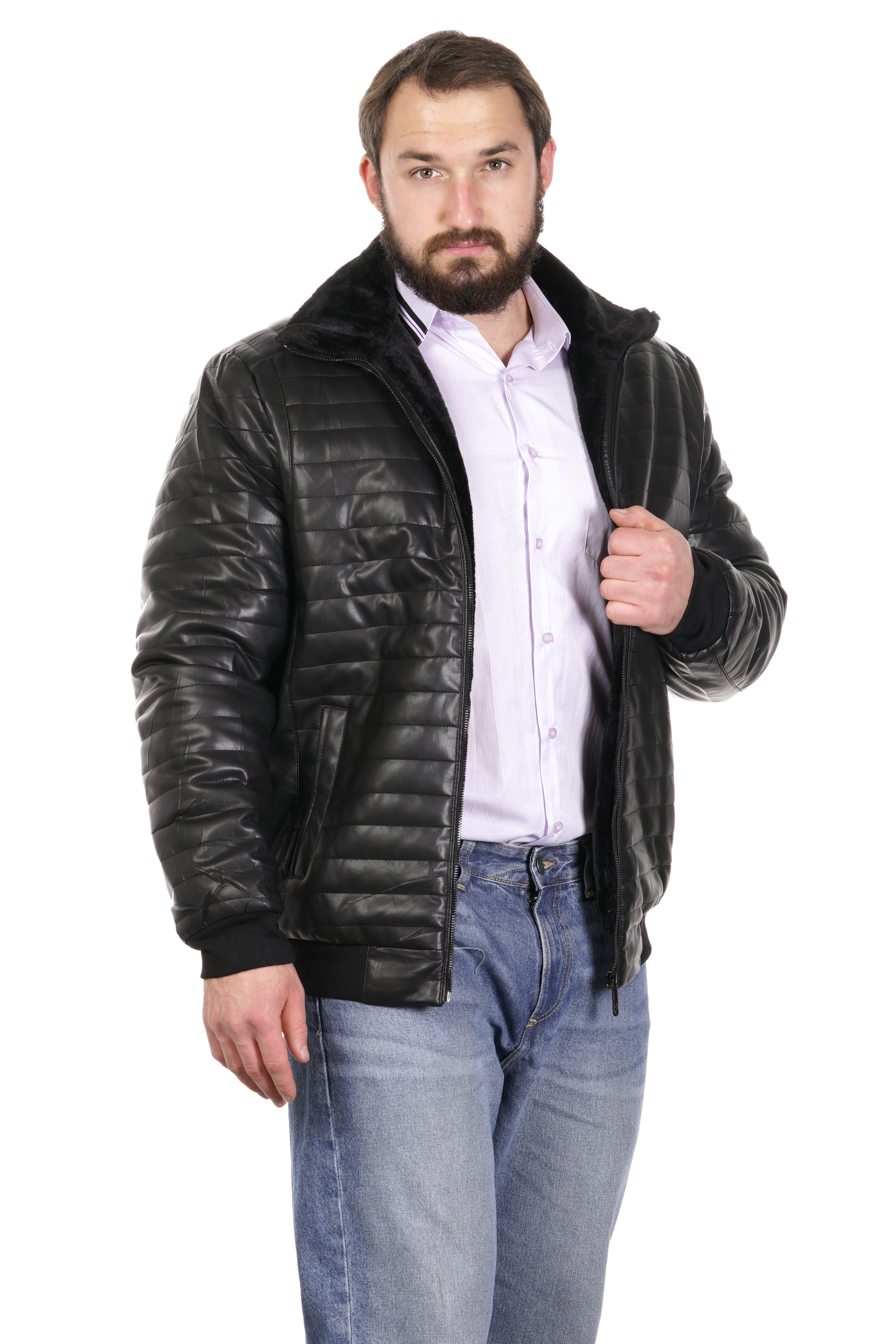 Мужская кожаная куртка из эко-кожи с воротником, отделка искусственный мех 8022590-7