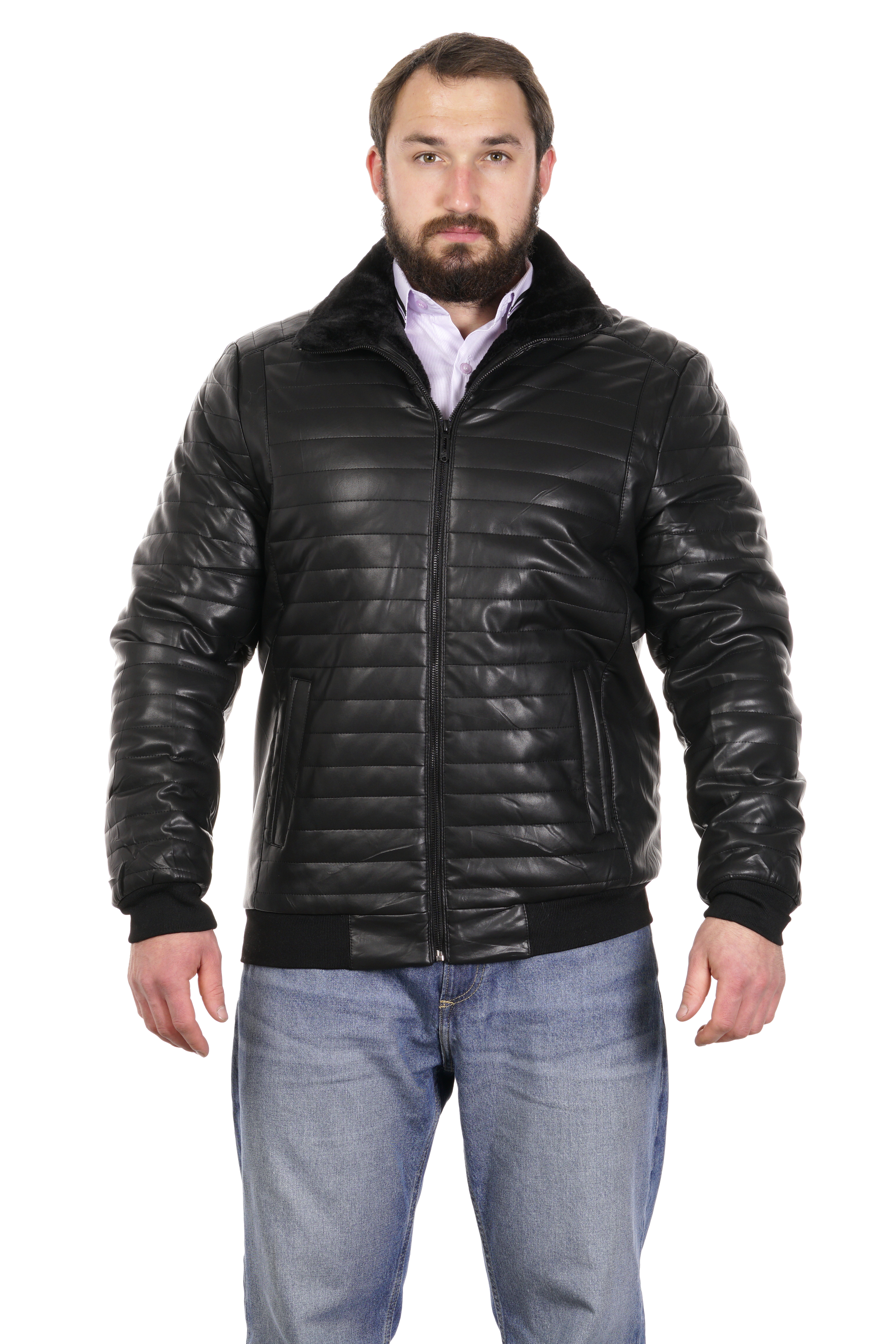 Мужская кожаная куртка из эко-кожи с воротником, отделка искусственный мех 8022590-8