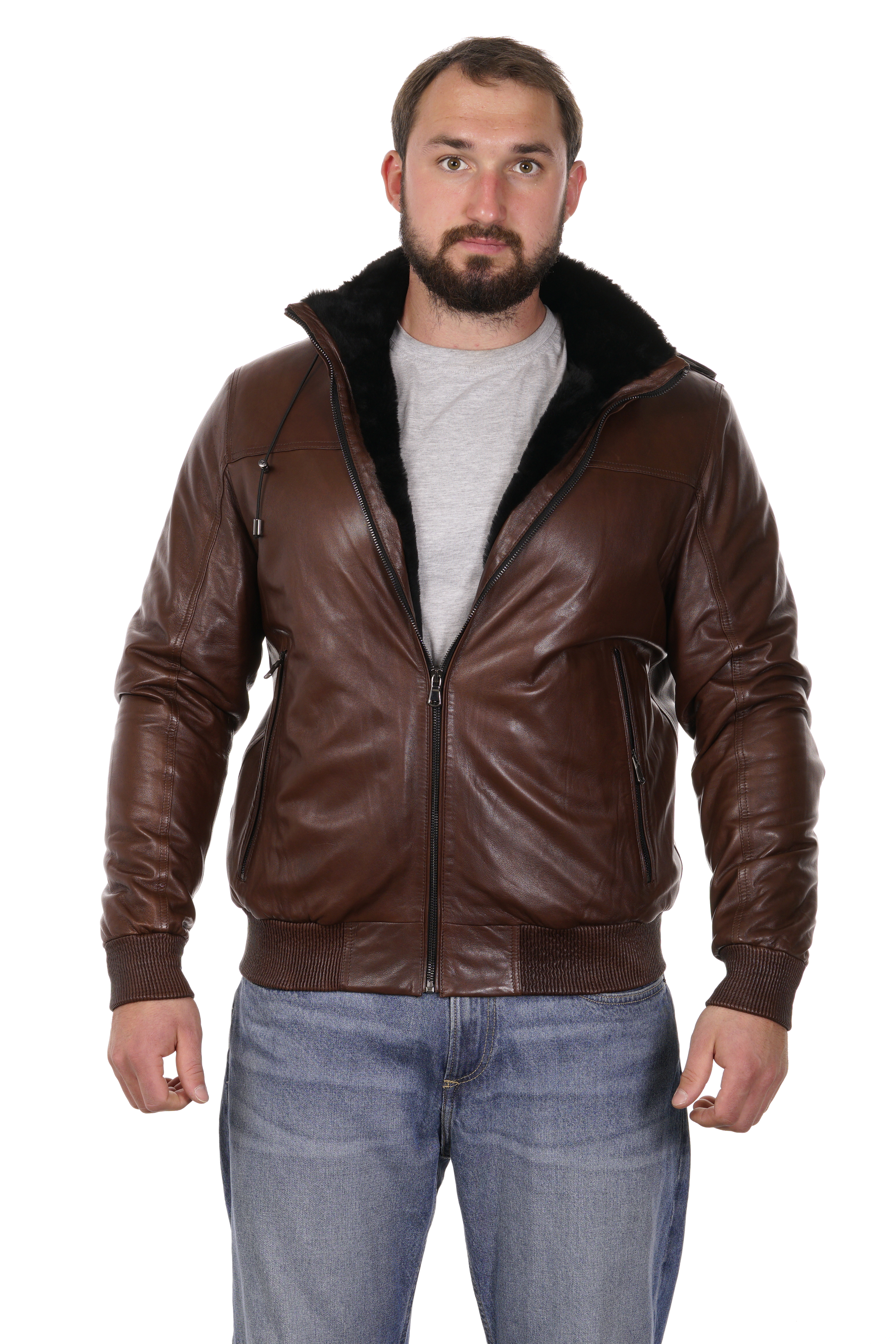 Мужская кожаная куртка из натуральной кожи на меху с капюшоном 8022688-7