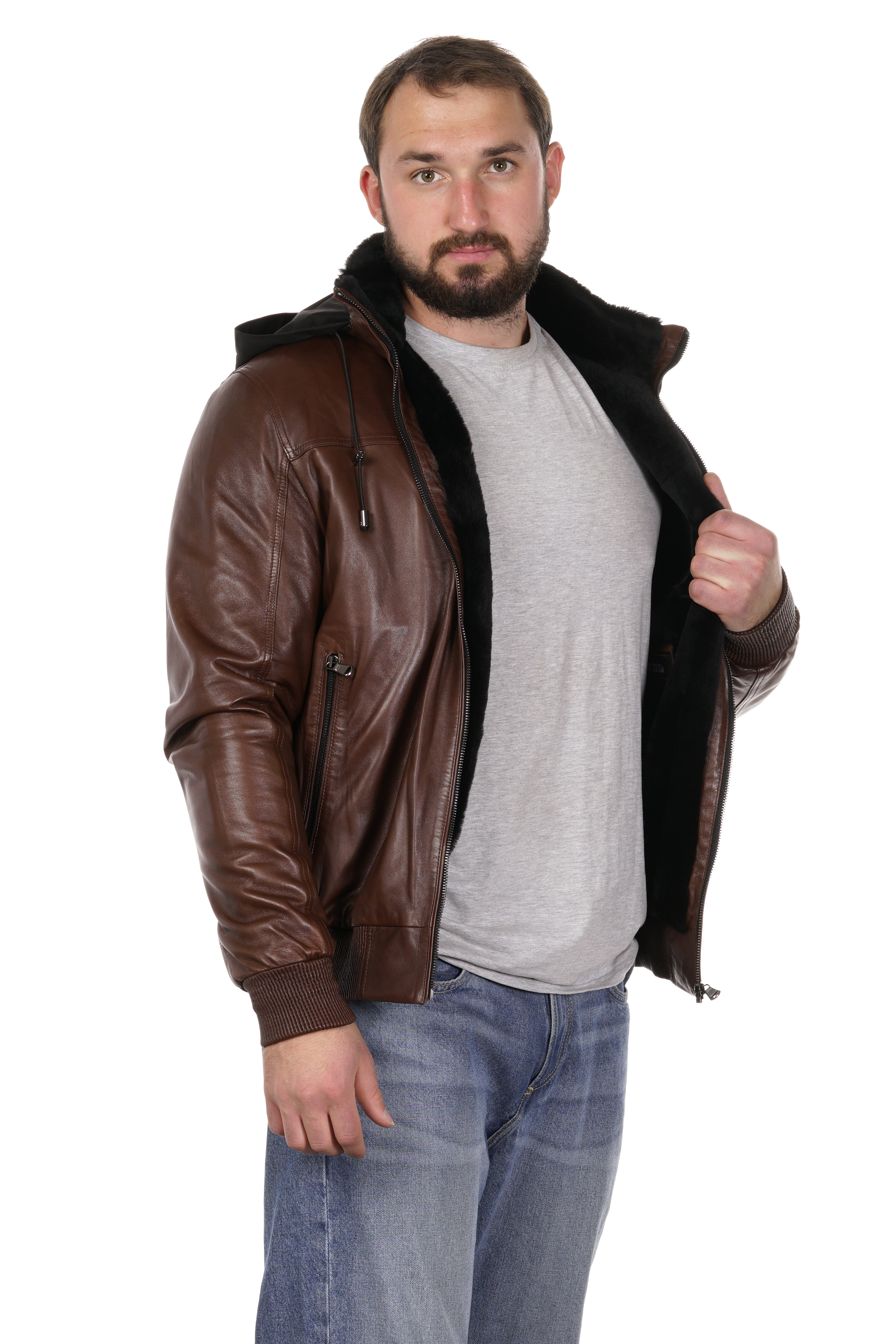 Мужская кожаная куртка из натуральной кожи на меху с капюшоном 8022688-11