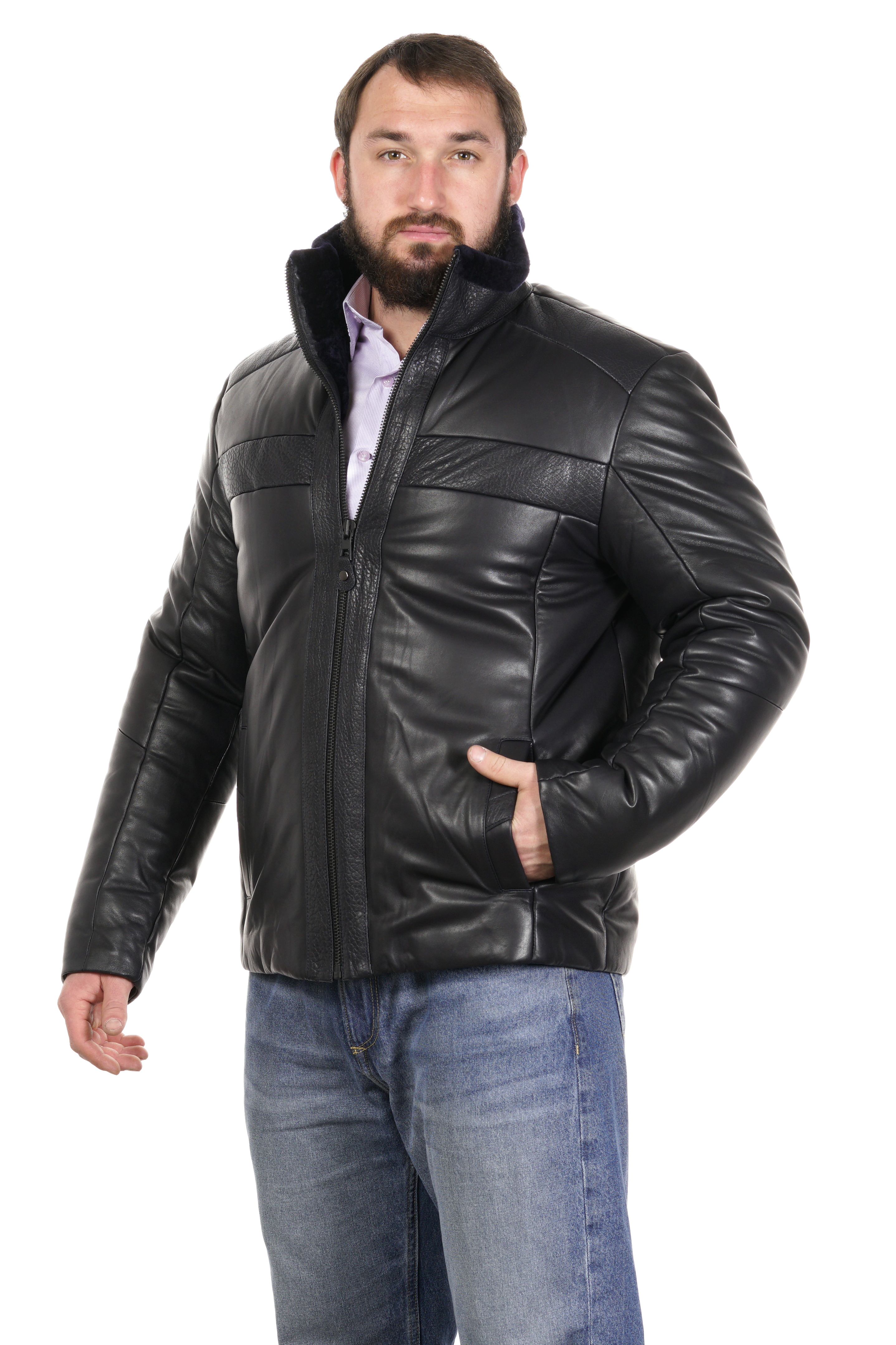 Мужская кожаная куртка из натуральной кожи на меху с воротником 8022845-6