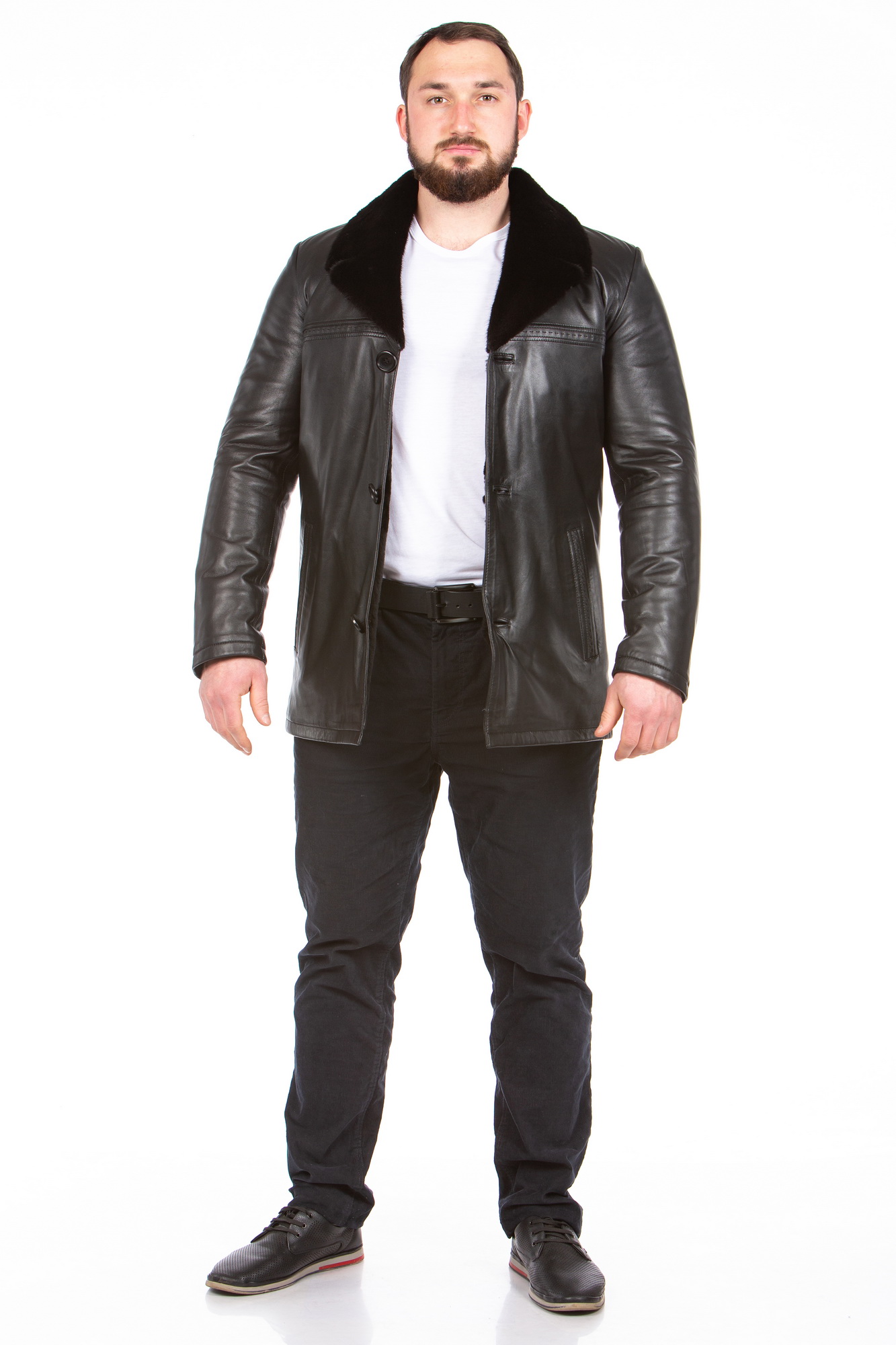 Мужская кожаная куртка из натуральной кожи на меху с воротником, отделка норка 8023633-2