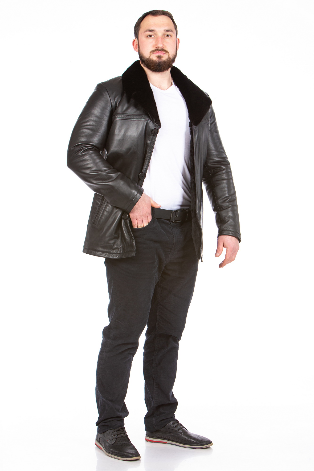 Мужская кожаная куртка из натуральной кожи на меху с воротником, отделка норка 8023633-3