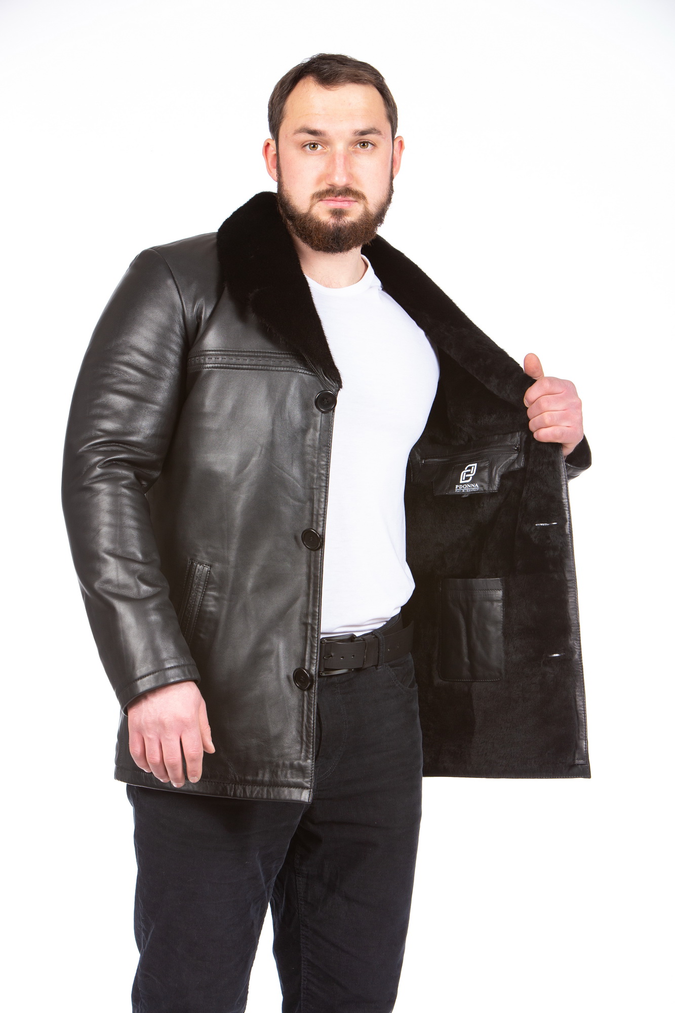 Мужская кожаная куртка из натуральной кожи на меху с воротником, отделка норка 8023633-5